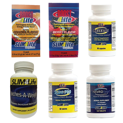 Six SLIM4Life supplement products: Boost 4 Life energy powder, Release capsules, Inches-A-Weight tablets, Slim-700 tablets, and Neurosh tablets.