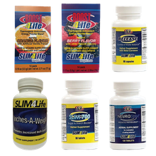 Six different Slim4Life dietary supplement products: Boost 4 Life, Release, Inches-A-Weight, Slim-700, and NeuroSlim.