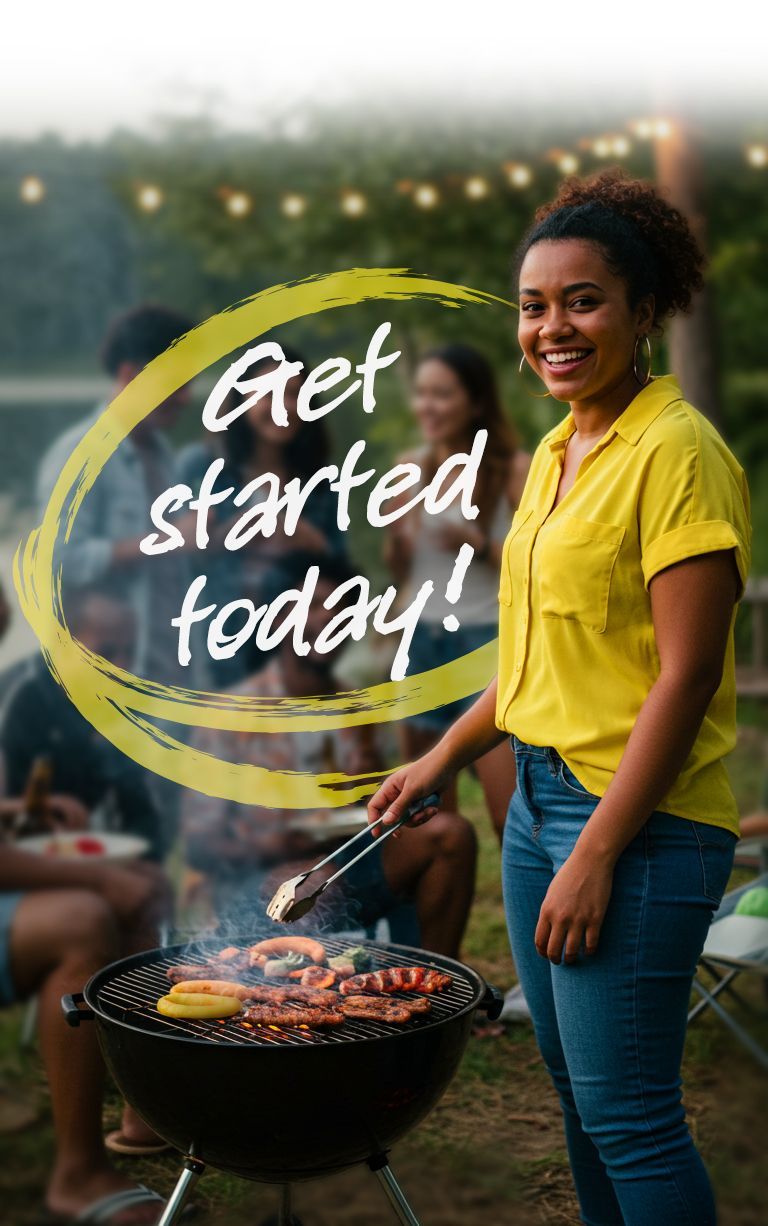 Woman grilling at a barbecue, smiling, with friends in the background;