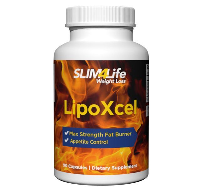 White bottle of LipoXcel weight loss pills with flame graphic and text: 
