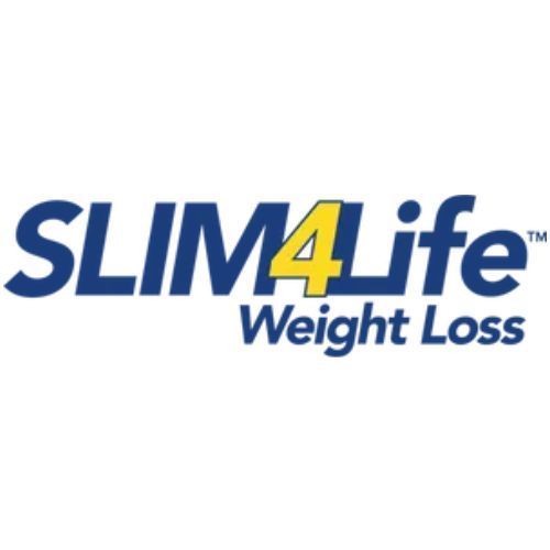 Logo for Slim 4 Life Weight Loss, blue text and yellow