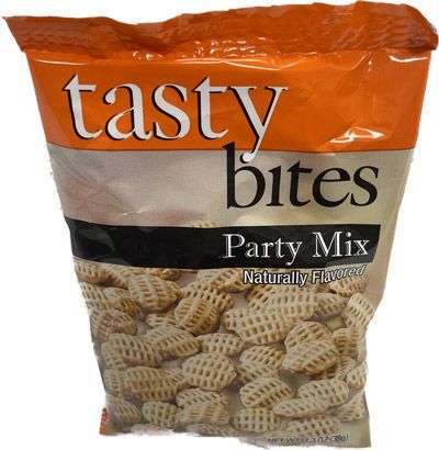 A bag of tasty bites party mix on a white background