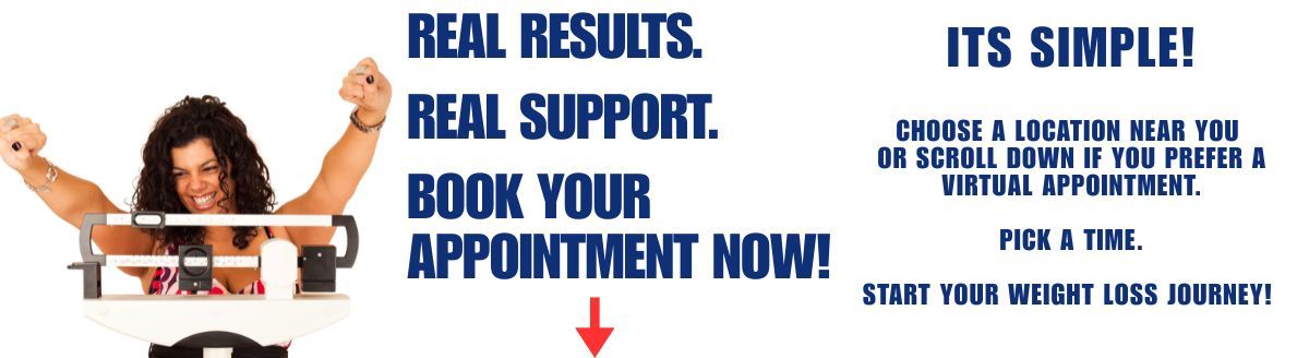 Woman standing on scale, arms raised in celebration, text “REAL RESULTS. REAL SUPPORT. BOOK YOUR APPOINTMENT NOW!”
