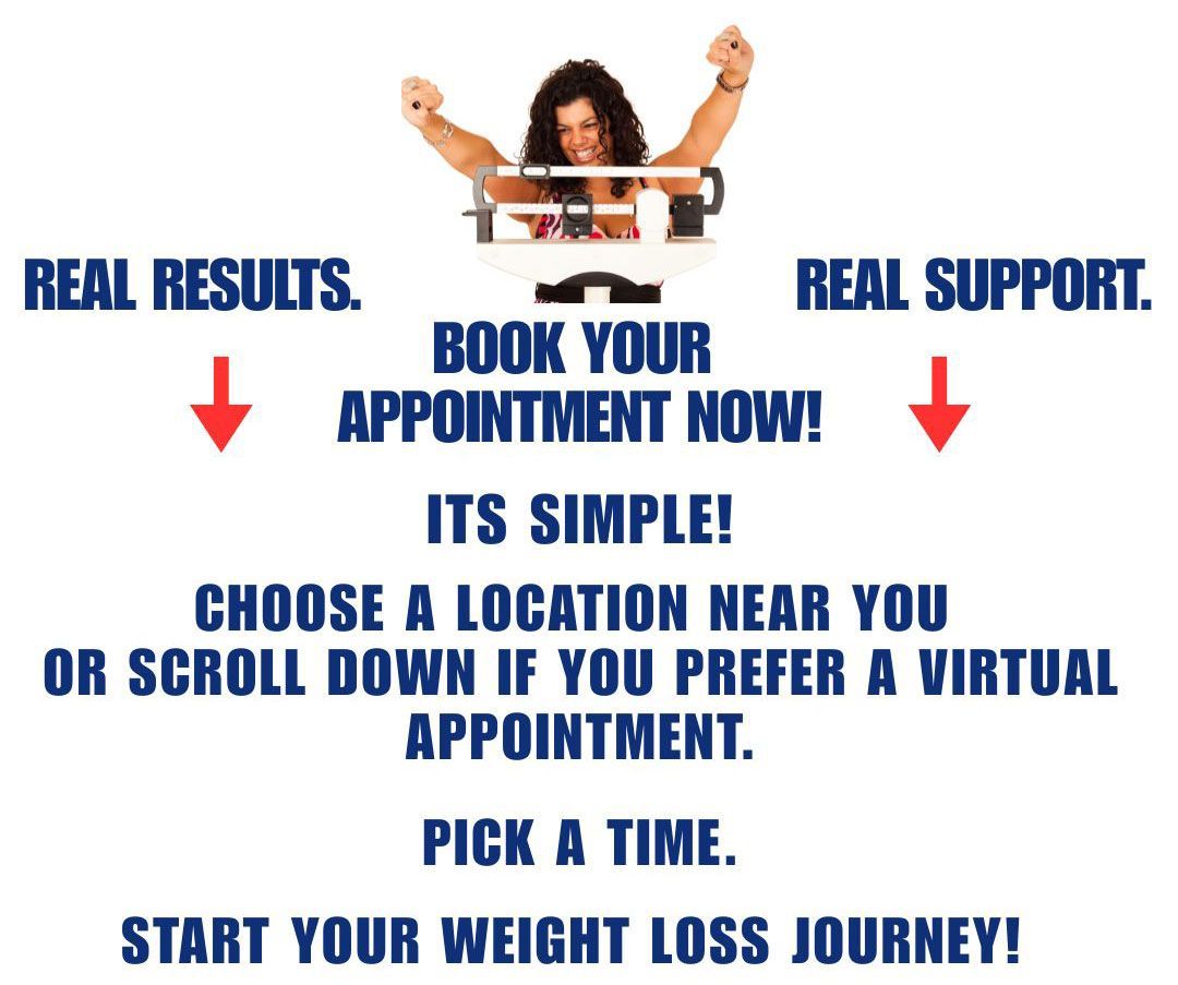 Woman standing on scale, arms raised in celebration, text “REAL RESULTS. REAL SUPPORT. BOOK YOUR APPOINTMENT NOW!”