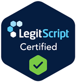 LegitScript Certified badge. Blue hexagon with white and blue geometric shapes and a green checkmark.