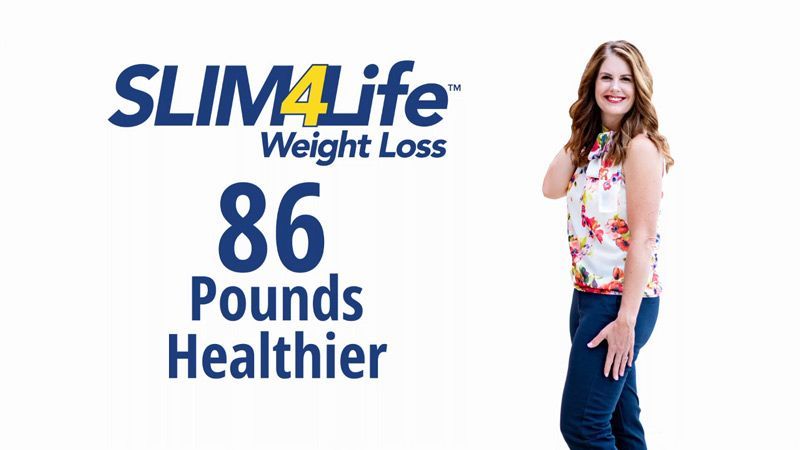 A woman is standing in front of a sign that says slim4life weight loss 86 pounds healthier.