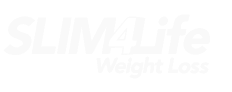 A white logo for slim life weight loss on a white background.