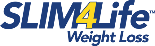 A blue and yellow logo for slim4life weight loss