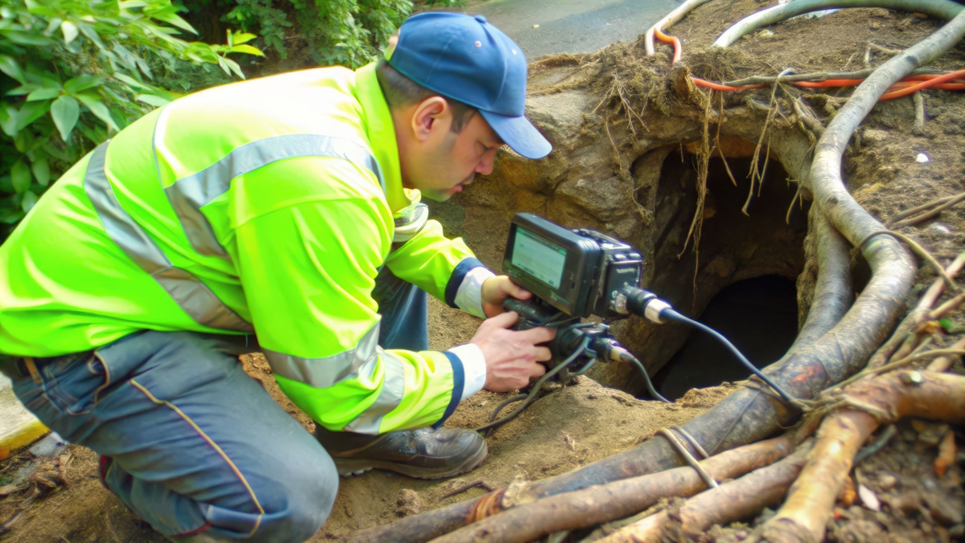 A worker in a high-visibility jacket uses a sewer inspection camera to examine a hole in the ground.