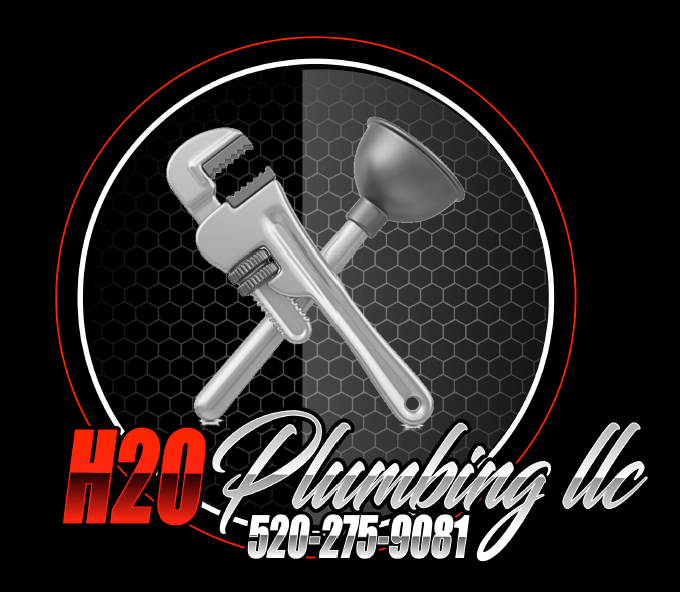 Logo for H2O Plumbing LLC featuring a pipe wrench and plunger inside a circular, black honeycomb-patterned border.