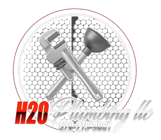 Logo for H2O Plumbing LLC with a wrench and plunger crossed over a circular honeycomb pattern.