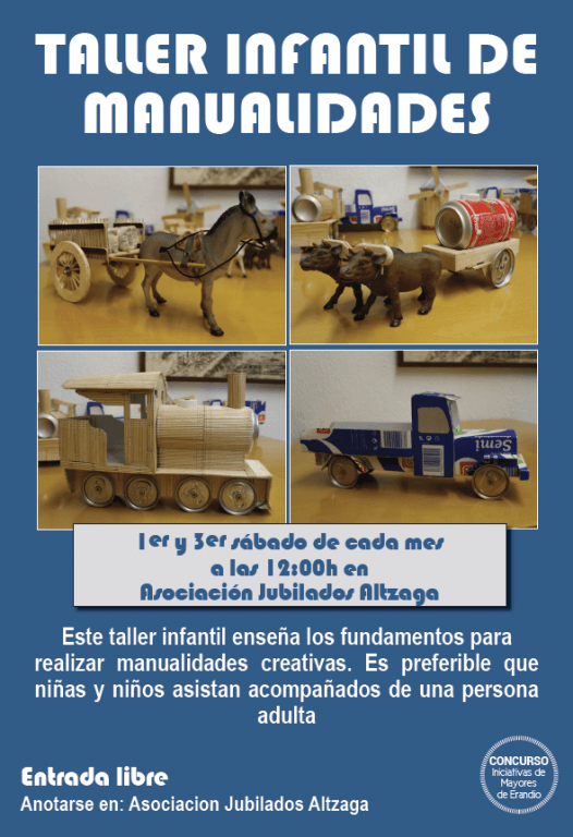 Cartel: Taller infantil de manualidades en la Asociación de Jubilados de Altzaga, 1er y 3er sábado, entrada gratuita.
