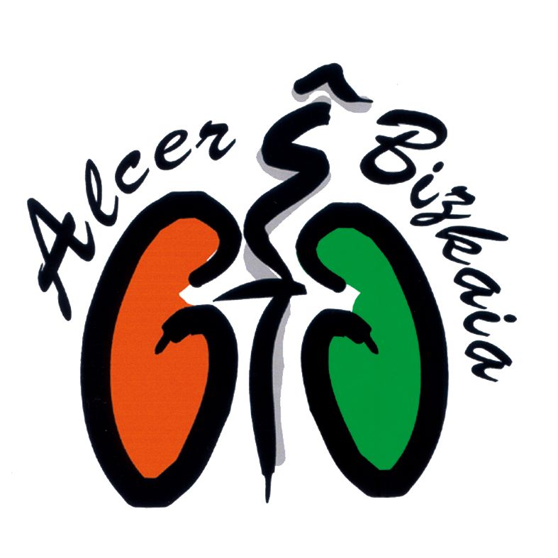 Logotipo de Alcer Bizkaia: Riñones en color naranja y verde con un garabato negro, texto