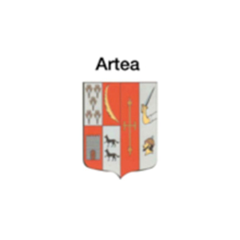 Escudo de armas de Artea, con múltiples símbolos en rojo, gris y dorado sobre fondo blanco.