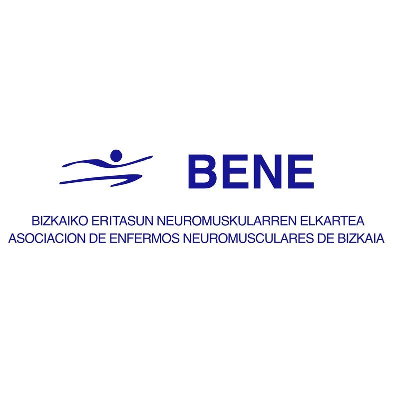 Logotipo de BENE, asociación de pacientes con enfermedades neuromusculares. Texto y gráfico en azul sobre fondo blanco.