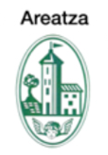 Escudo del pueblo de Areatza: torre verde, edificio, árbol y querubín alado dentro de un óvalo blanco.