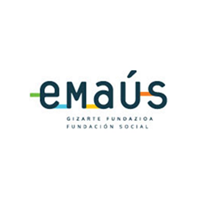 Logotipo de Emaús Gizate Fundazioa, fundación social, con líneas de colores y texto azul oscuro sobre fondo blanco.