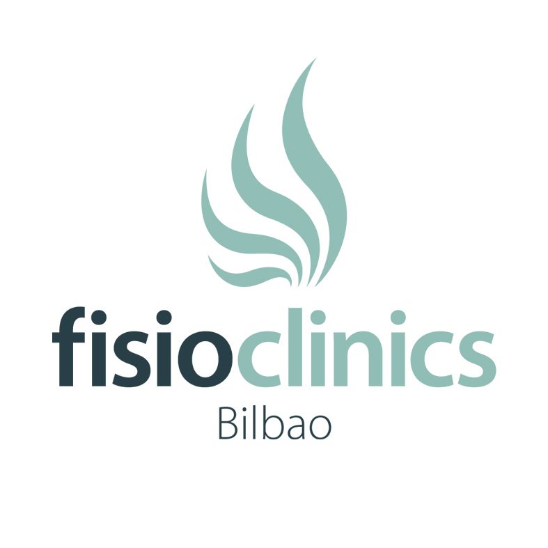 Logotipo para FisioClinics Bilbao: diseño de llama turquesa sobre el texto