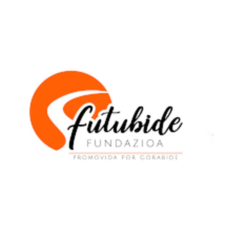 Logotipo de la Fundación Futubide, sol naranja con curva blanca, texto cursivo “Futubide”, “FUNDAZIOA”, “PROMOCIONADO POR GORABIDE”.