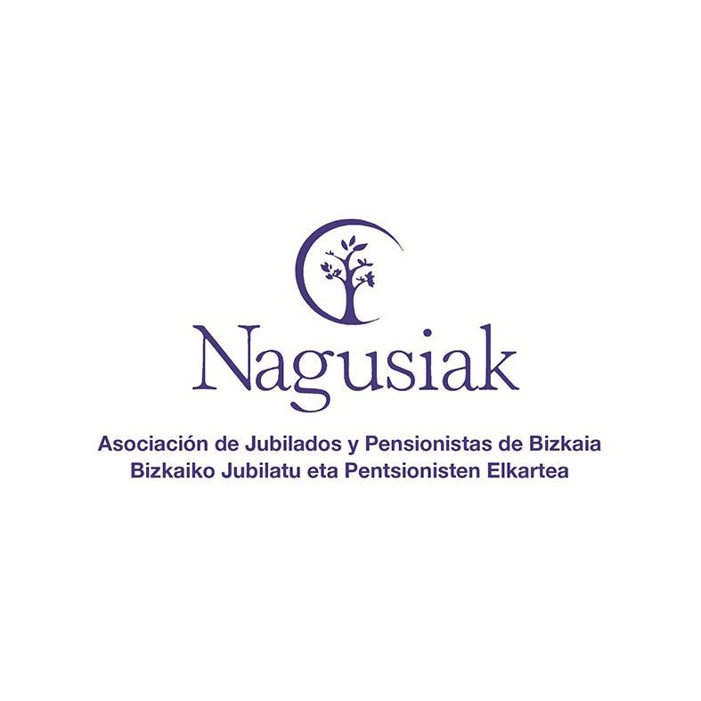 Logotipo de Nagusiak, asociación vasca de jubilados y pensionistas, que presenta un árbol y un texto en color morado.