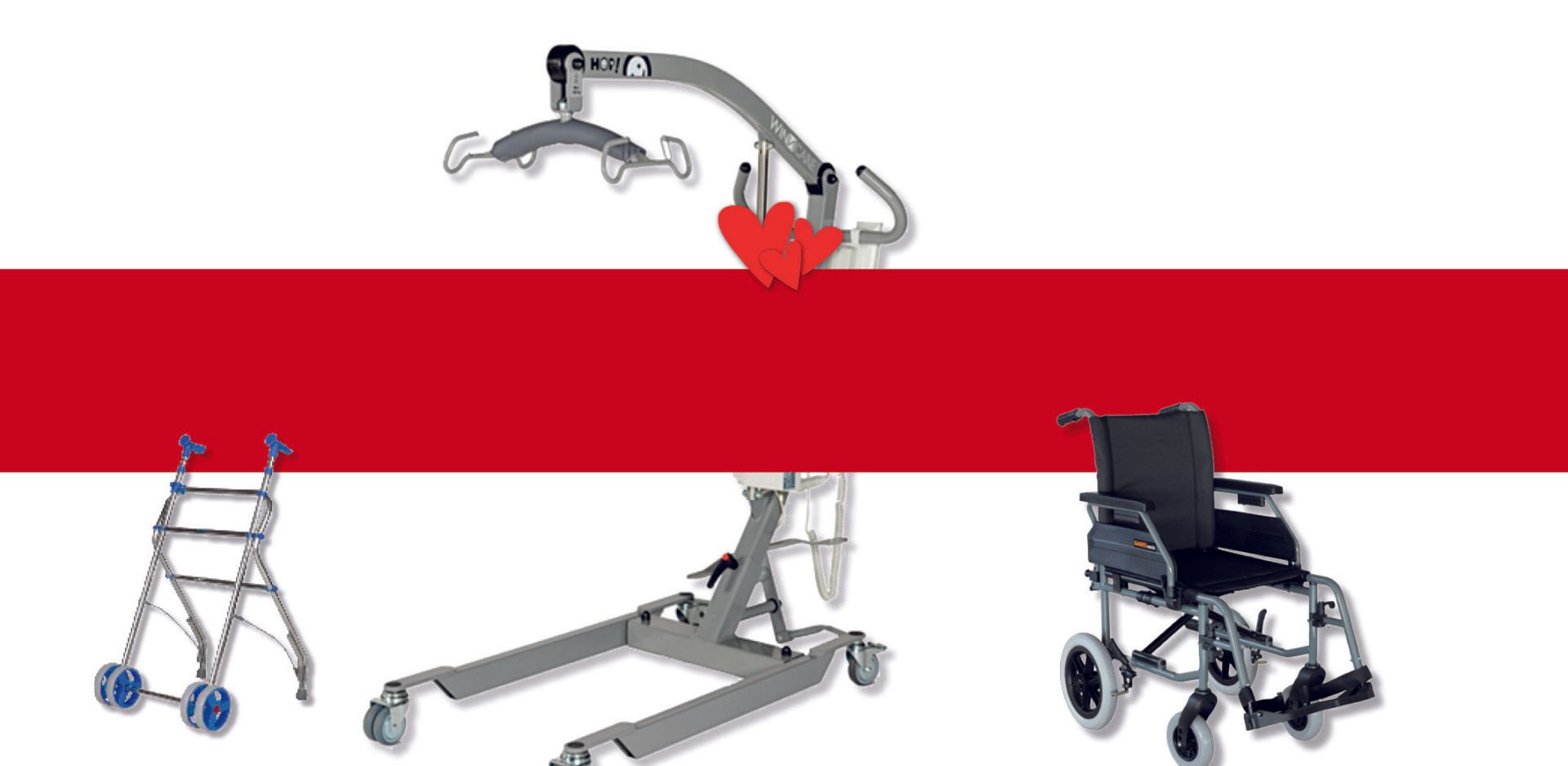 Silla de ruedas, andador, elevador de pacientes y otros dispositivos de movilidad. Franja roja en el centro.