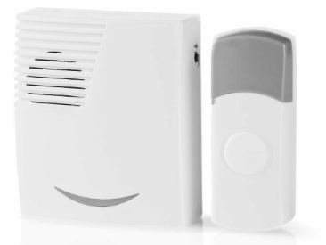 Sistema de timbre inalámbrico blanco con transmisor y receptor.