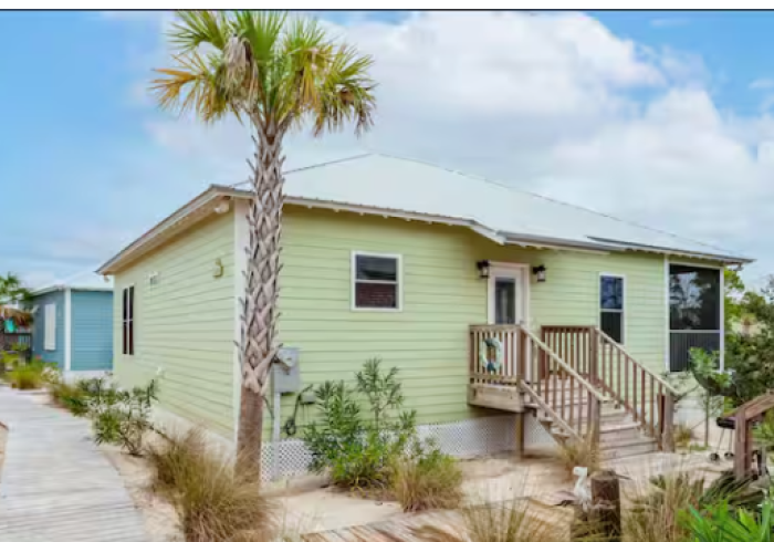 A small green house with a palm tree in front of it.