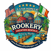 Logo for Rookery Vacation Rentals: Beach scene, homes, flags, golf cart, website address.