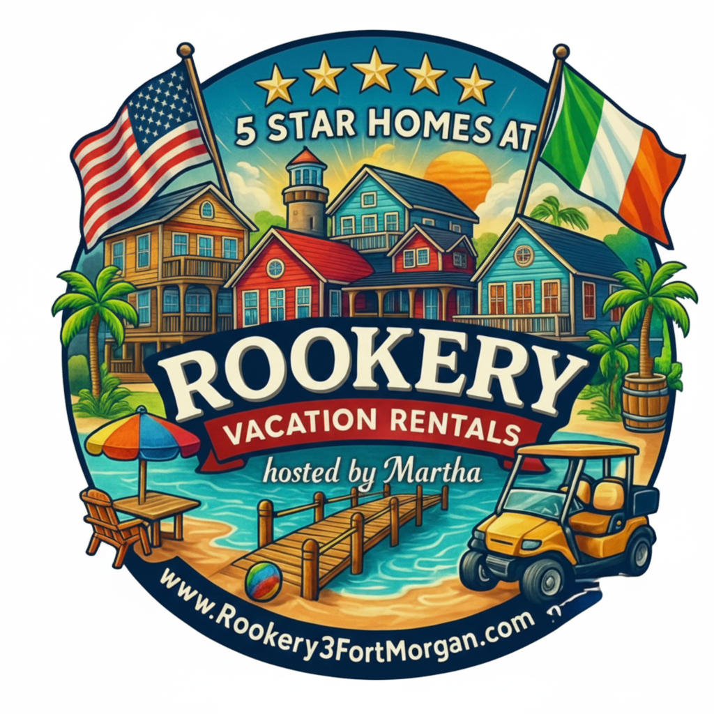 Beachside Resort Logo for Rookery Vacation Rentals: Beach scene, homes, flags, golf cart, website address.