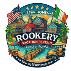 Logo for Rookery Vacation Rentals: beach scene, homes, flags, golf cart, text.