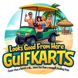 Green golf cart with people on a beach, text reads 