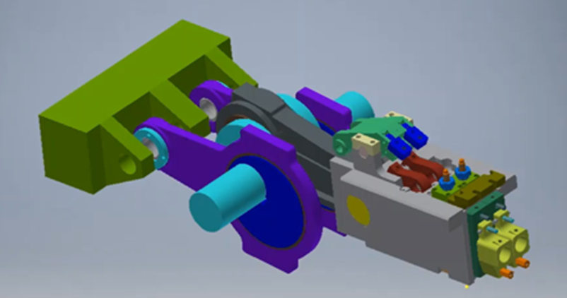 3D model of a mechanical assembly with purple, green, blue, and grey components, possibly machinery or engineering design.