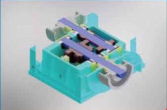Cutaway diagram of a blue industrial machine with internal components, highlighting internal structure.
