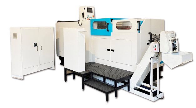 CNC machine in a white and blue enclosure with a control panel and an automated part removal system.