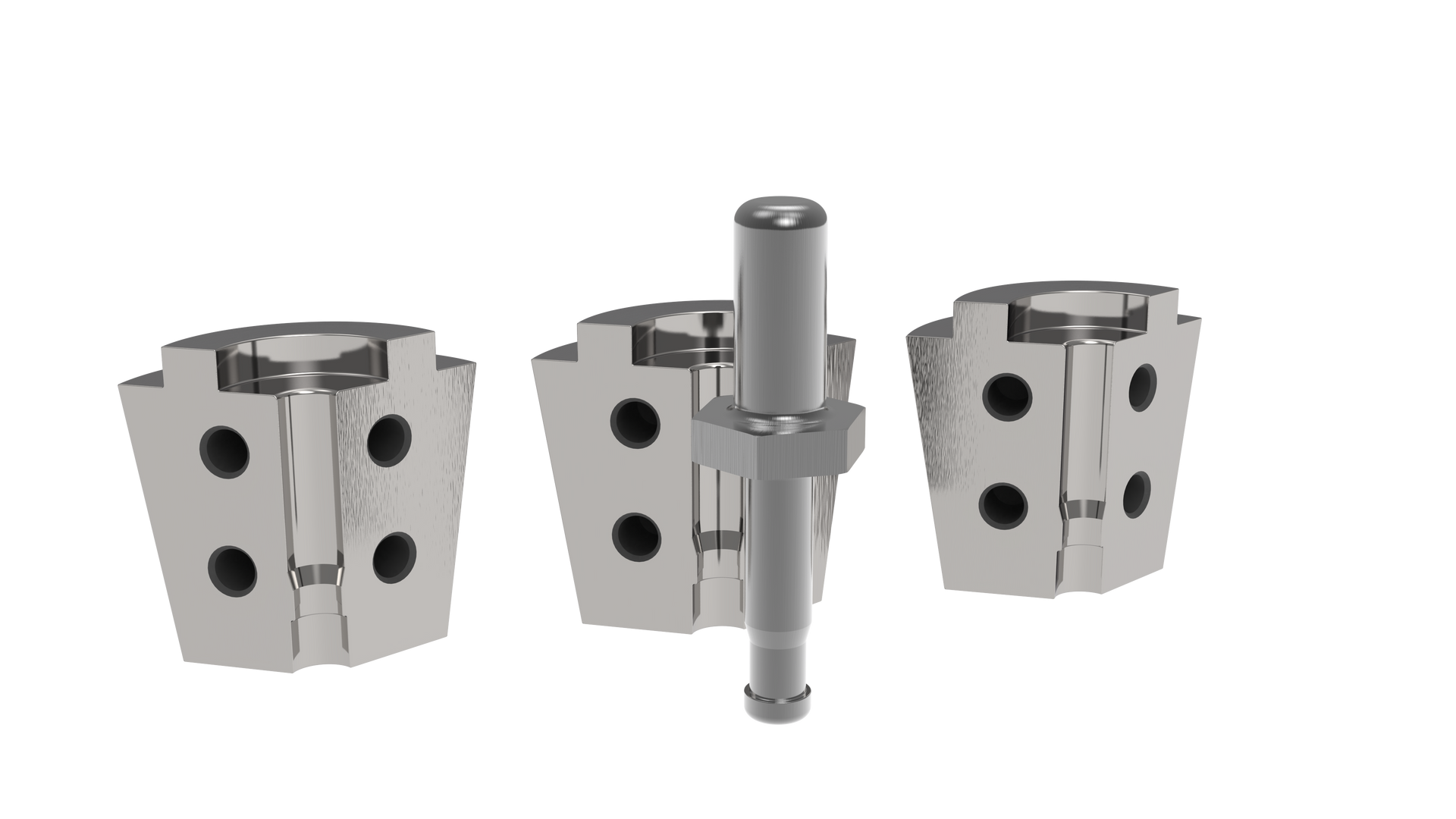 Three silver hinge components and a central pin.