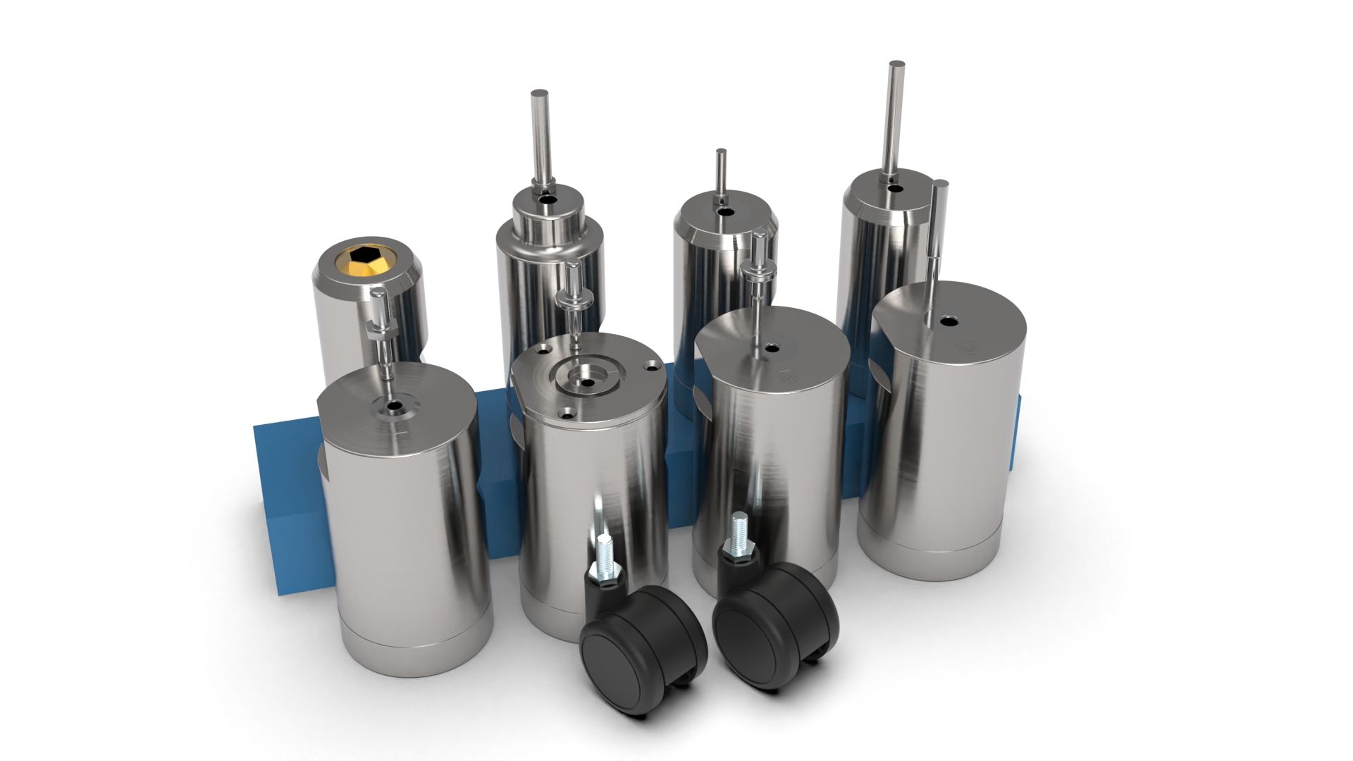 Silver cylindrical objects with protruding rods, some with black wheels and blue blocks.