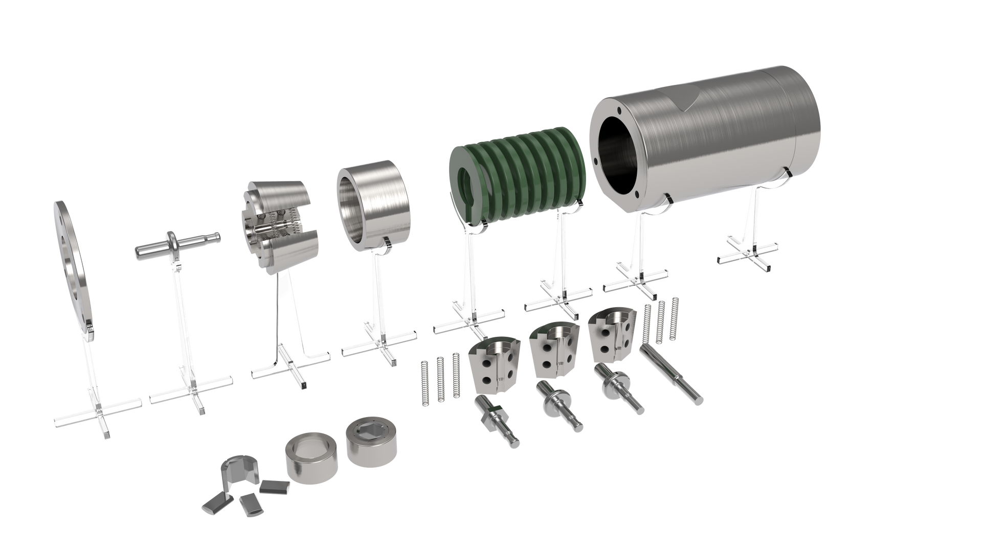Exploded diagram of a metallic device, showing its components disassembled and laid out linearly against a white background.