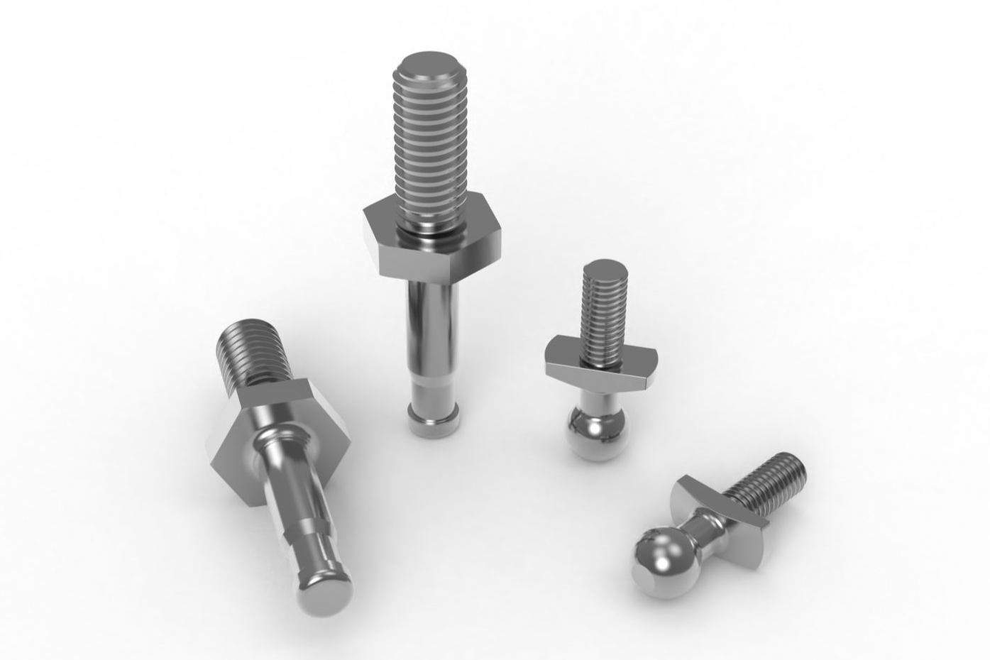 Four metal bolts with different shapes and designs, set on a white surface.