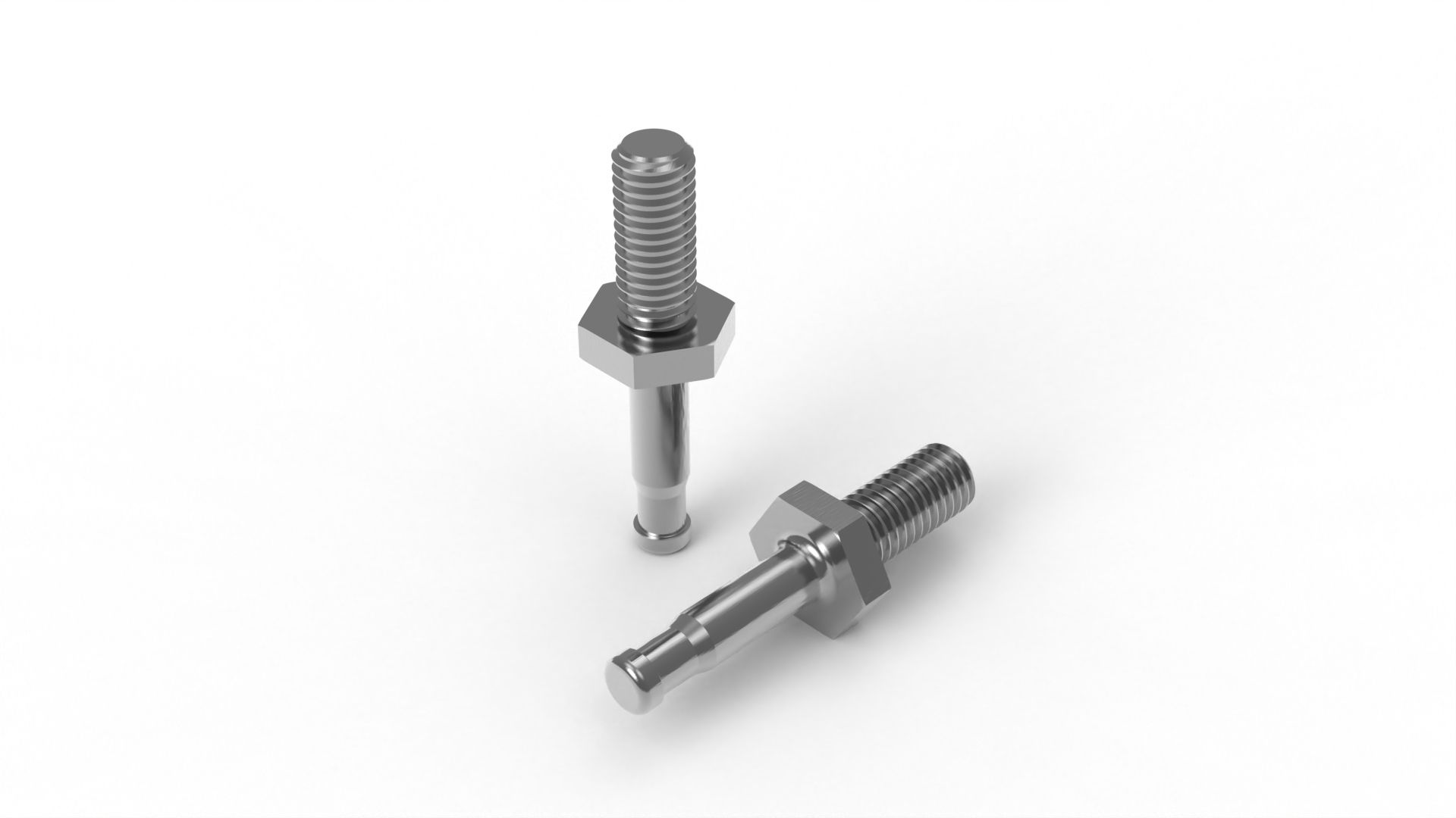 Two silver bolts with hexagonal heads on a white background. One bolt stands upright, the other lies at an angle.