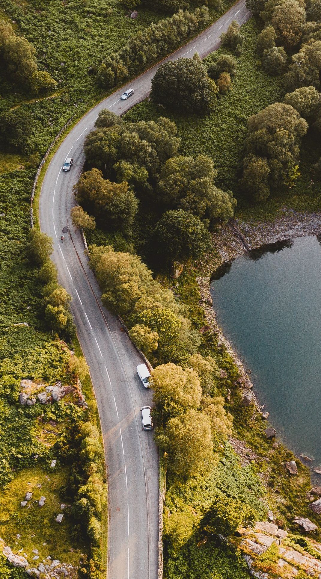 An aerial view of a road surrounded by trees and a lake.