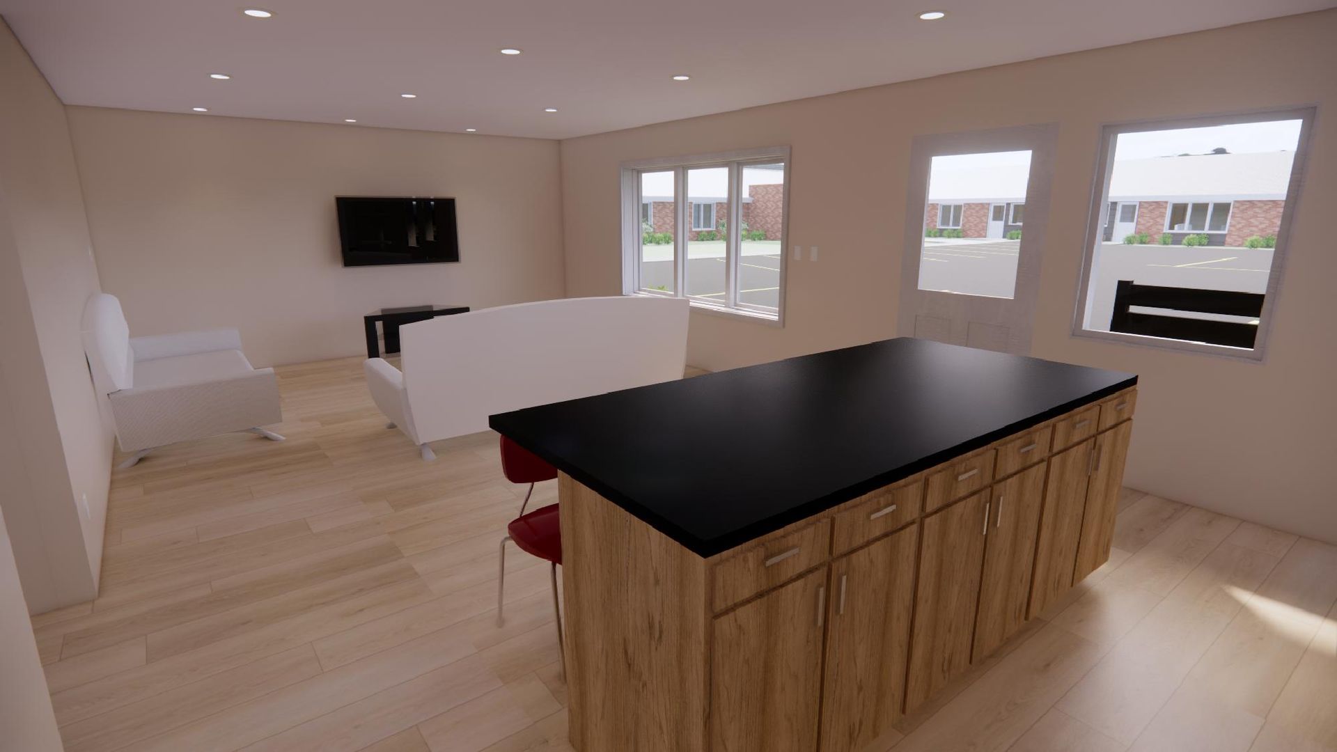 Living room and kitchen island