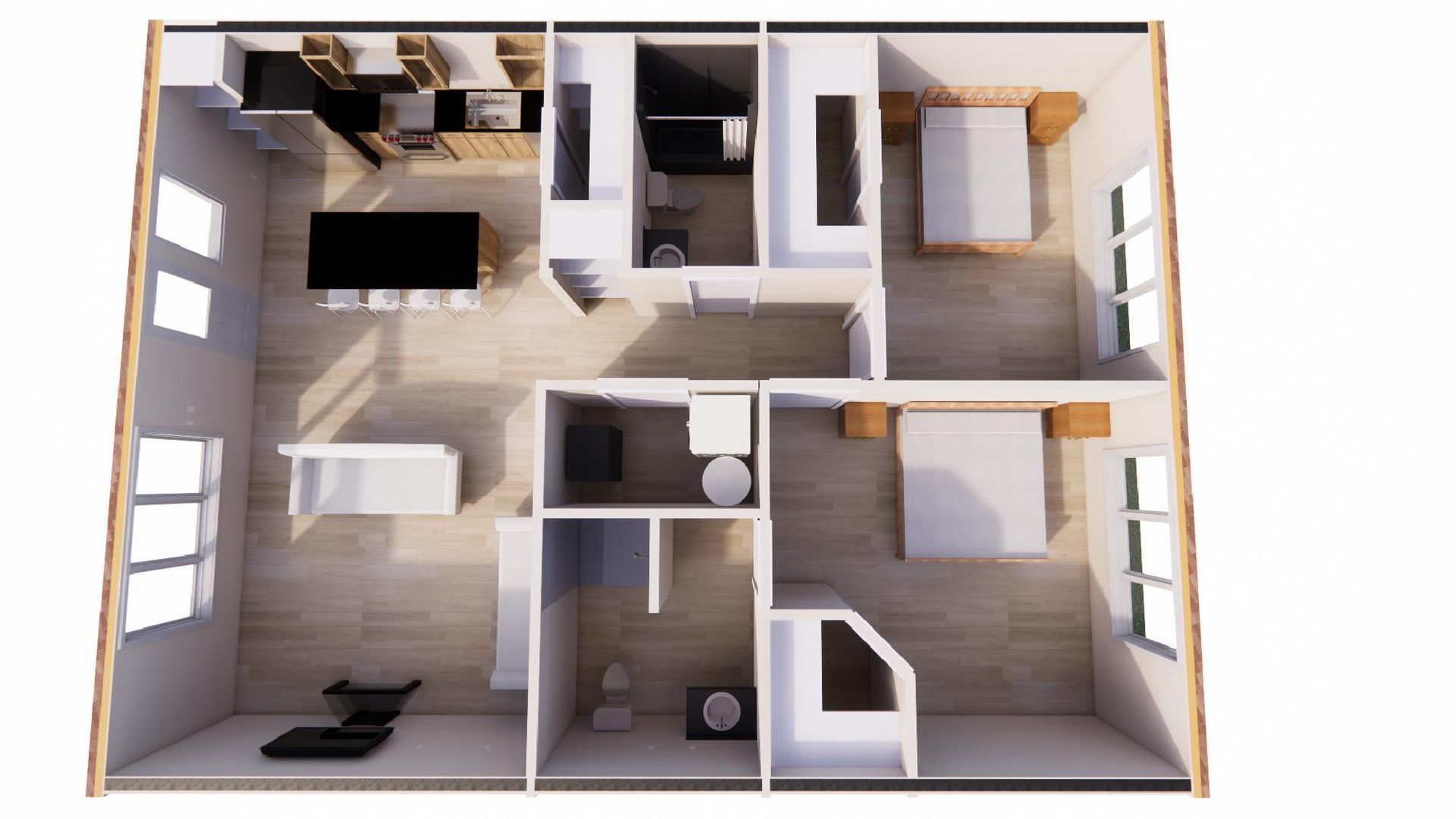 Model A floorplan: 1 Bed | 1 Bath
605-965 SQ FT