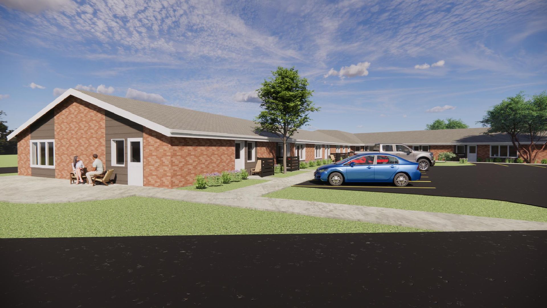 An artist 's impression of a brick house with a blue car parked in front of it.