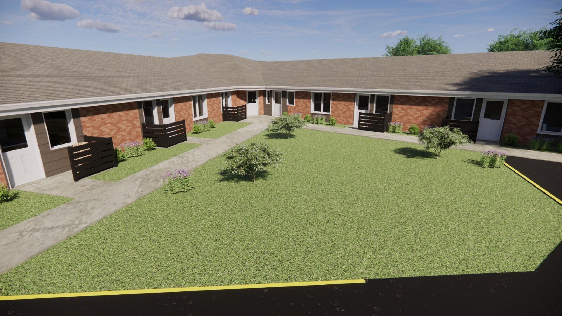 Woodland Hills Townhomes exterior with large grass area