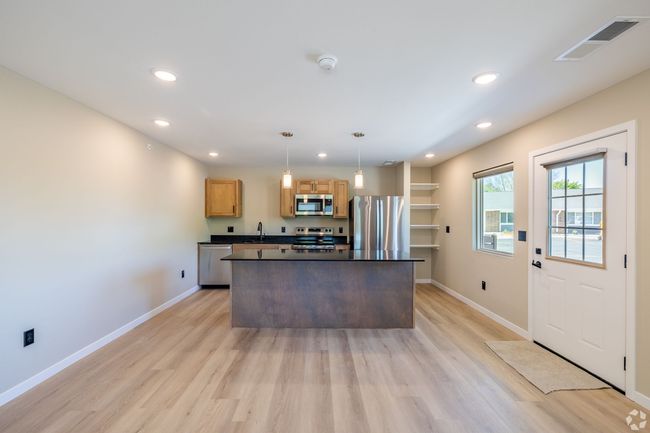 Interior photo of a modern kitchen with island