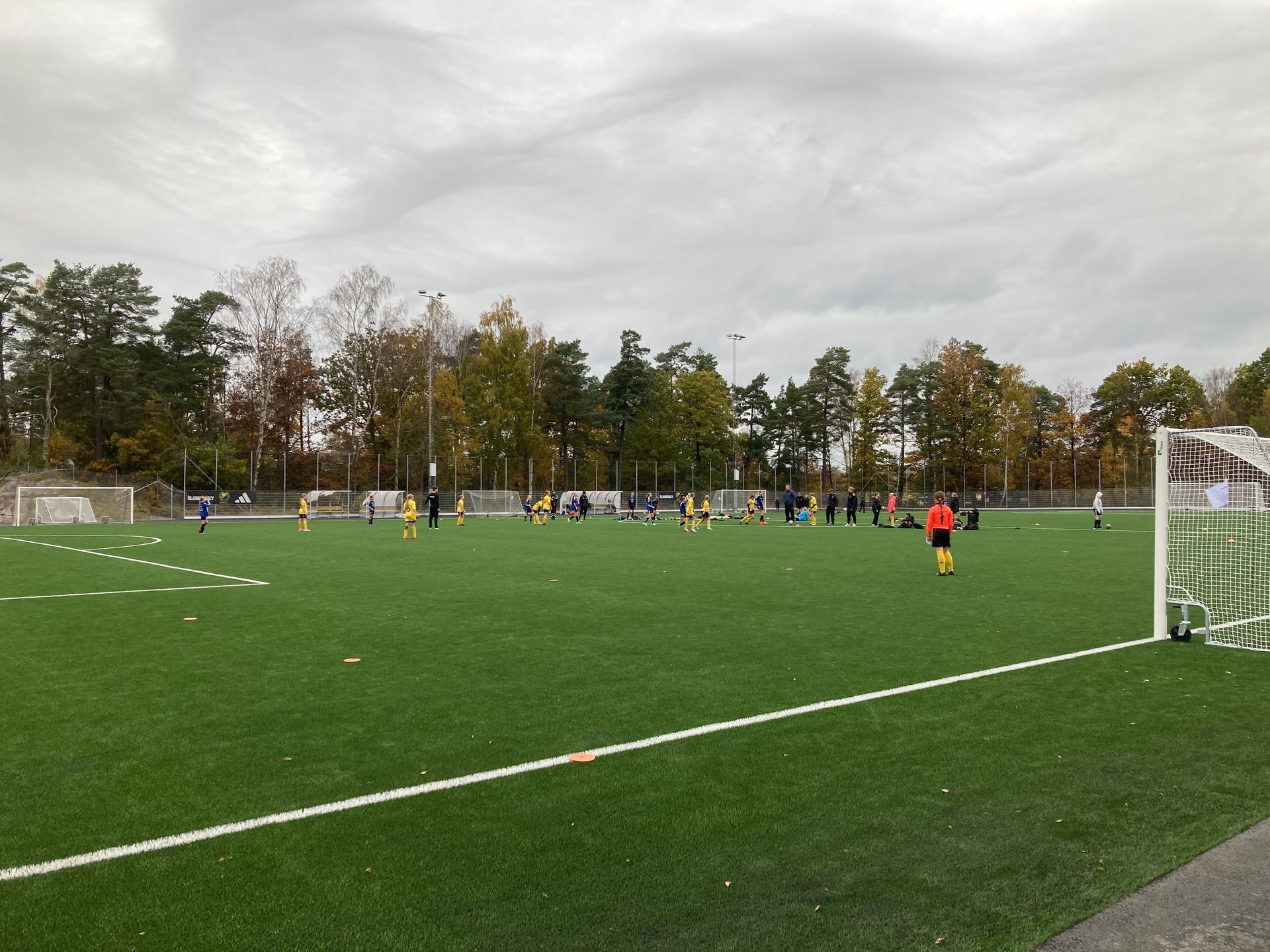 Fotbollsmatch med barn en grå höstdag.