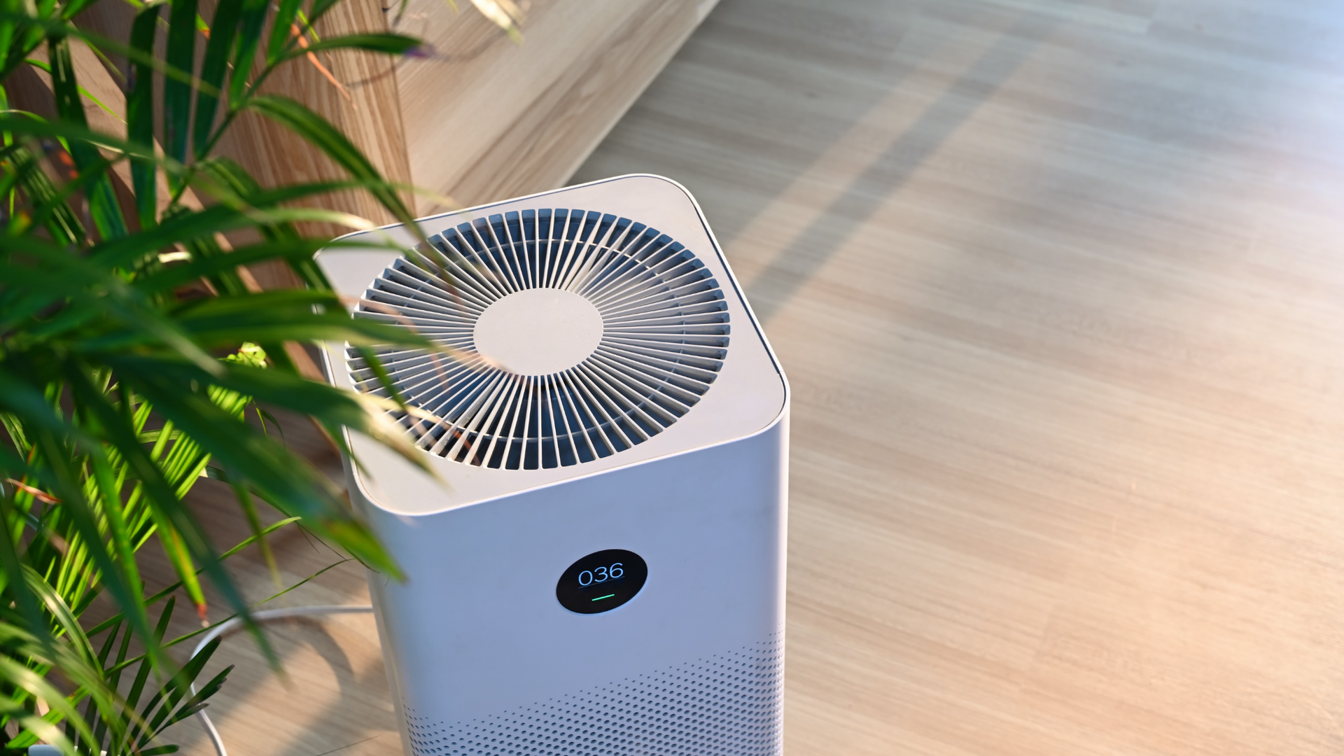 A white air purifier is sitting on a wooden floor next to a plant.