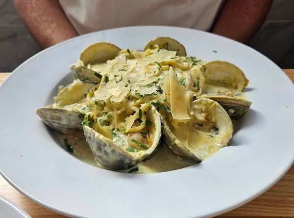 A white plate topped with clams and linguini with shaved parmesan cheese