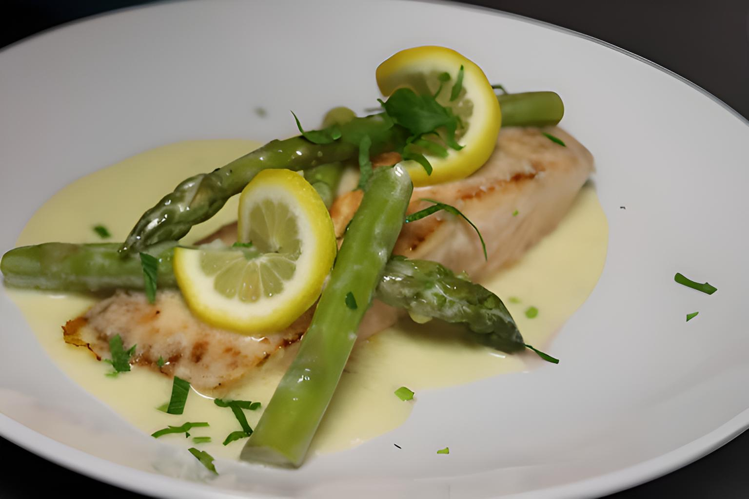 A white plate topped with pan seared salmon and asparagus in lemon butter sauce