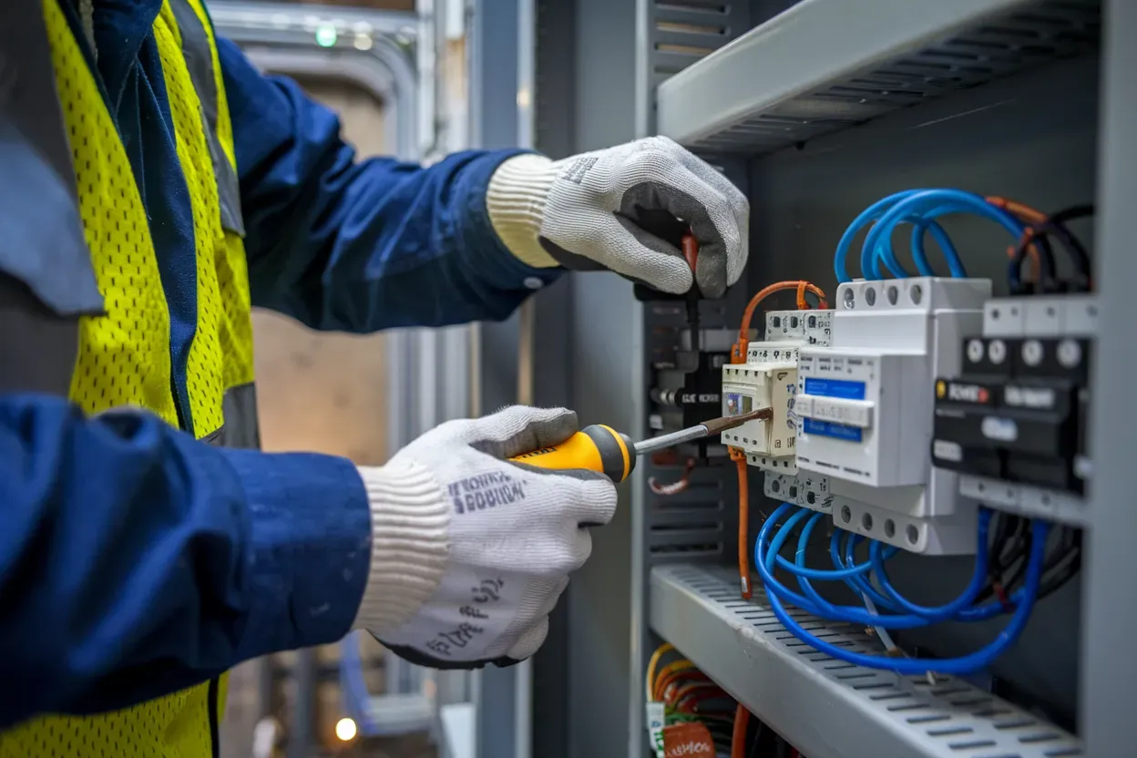 A man is working on an electrical box with a screwdriver.